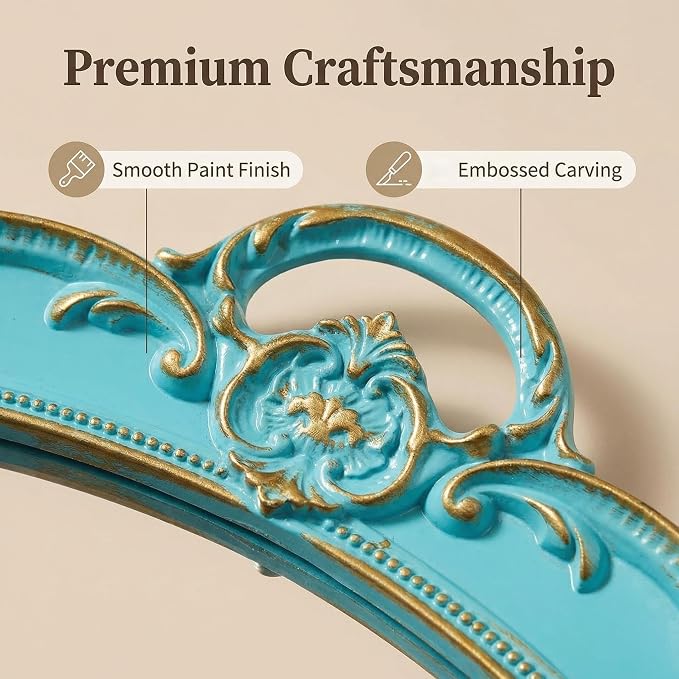 Oval Vintage Decorative Mirror Tray, Jewelry Dresser Organizer Tray, Cosmetics Makeup Storage Organizer, Serving Tray (9.8”x 14.6”) Blue