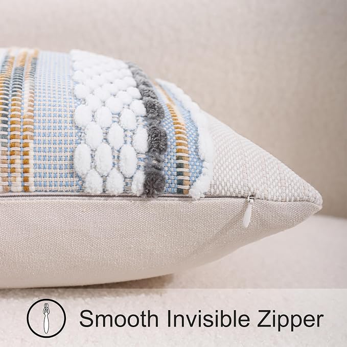 Boho Throw Pillow Covers 18x18 Set of 2 Grey Blue White