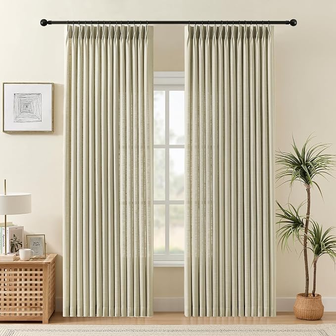 Pinch Pleated Linen Curtains 84 Inches Long 2 Panels for Living Room, Linen | Light Filtering, Bedroom, Semi Sheer, Pinch Pleat, Linen Blend, Hook Rings, Memory Shape, Cottage Core, W40xL84, 2 Panels