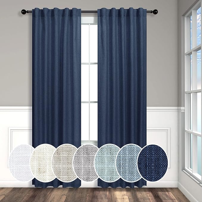Navy Curtains 38 Inch Wide for Living Room 2 Panels Set Back Tab Rod Pocket Light Filtering Semi Sheer Linen Skinny Small Dark Blue Curtain for Windows Bedroom Closet Doors Nautical Width 38 x 96 Long