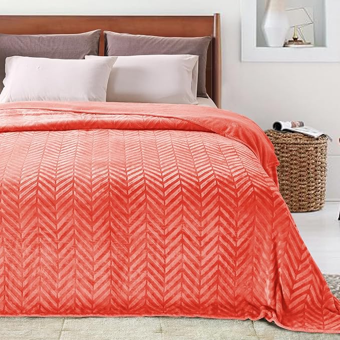 Whale Flotilla Flannel Fleece Bed Blanket King Size, Coral | Lightweight Breathable Soft Bedspread, Plush Fluffy Coverlet Chevron Design Decorative Blanket for All Season, 90x104 Inch