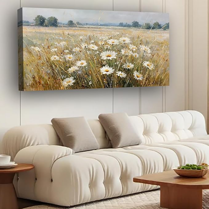 Abstract White Flower Landscape Picture Canvas Art Hanging Living Room Dining Room and bedroom,Grassland scenery Wall Art Prints Modern Style Artwork Waterproof Ready to Hang - 20x40 Inch