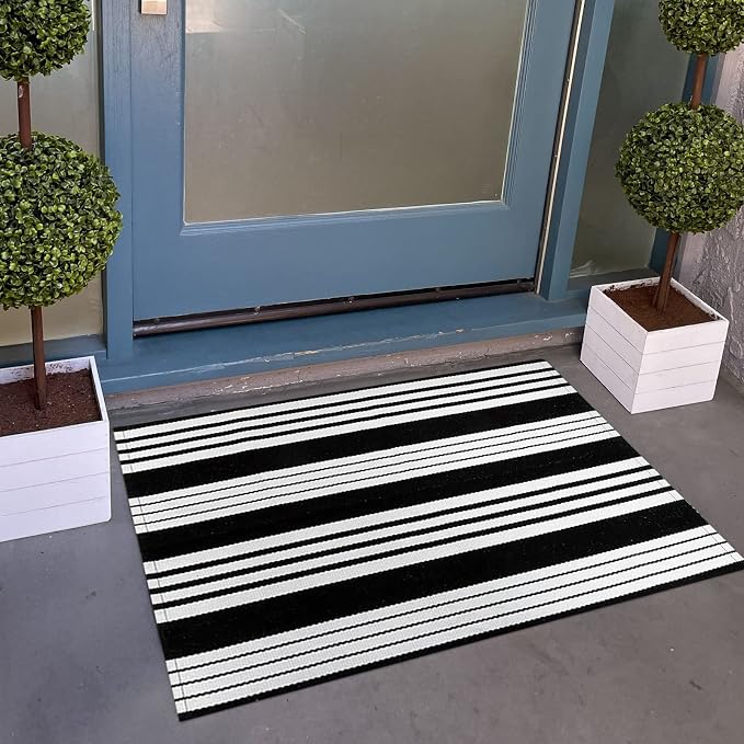 Black and White Striped Door Mat Outdoor 24"x35"Washable Layered Doormat | Hand-Woven Farmhouse Indoor/Outdoor Rug Front Porch Mat Combined Use with Hello Welcome Mat