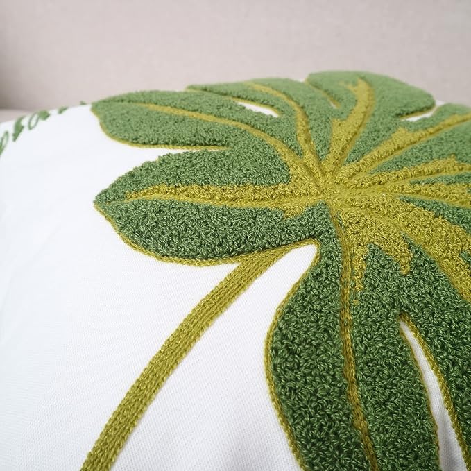 Embroidery Throw Pillow Cover 18x18 Green Tropical Leaf Loop Plant Word Embroidered Floor Pillow Cover for Couch 100% Cotton Decorative Cushion Cover Home Décor Pillow Case 45x45cm, 1 Piece