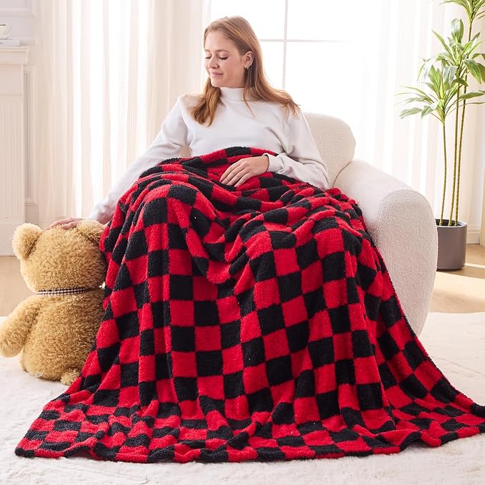 NEWCOSPLAY Knitted Throw Blanket for Couch Sofa Bed, Red Black, 50"x60" | Super Soft Plush, Fuzzy Fluffy Microfiber, Lightweight Cozy Blanket for Room Decor, All Season Use
