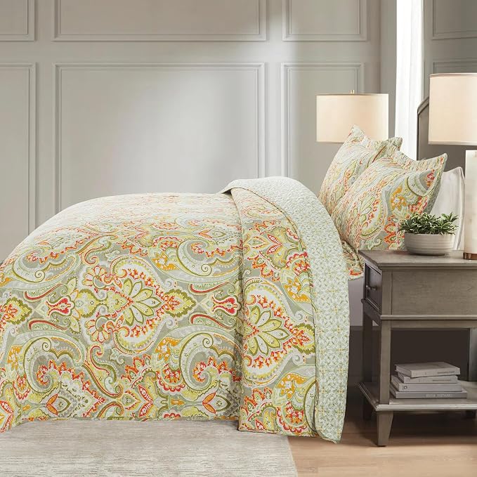 NEWLAKE Cotton Bedspread Quilt Sets-Reversible Patchwork Coverlet Set, European Beige Floral Pattern, King Size