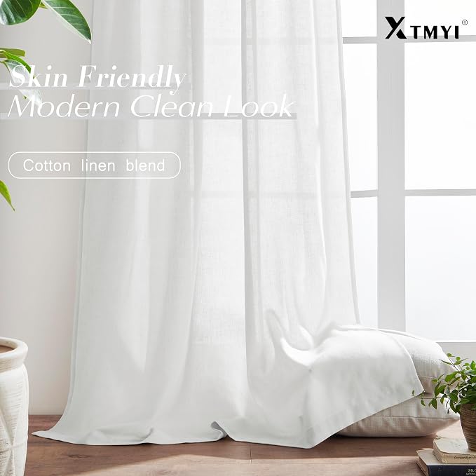 White Curtains 70 Inch Wide by 84 Long for 72 in Width Window,2 Panels Linen Cotton Back Tab Hooks Pleated Light Filtering Semi Privacy Extra Wide Sheer Curtains for Bedroom Living Room,70x84 Length