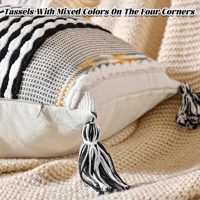 AmHoo Chenille Striped Textured Boho Throw Pillow Covers Aesthetic with Tassels Woven Decorative Pillow Case for Couch Bed Sofa Bedroom Modern Funky 14 x 36-Inch Black