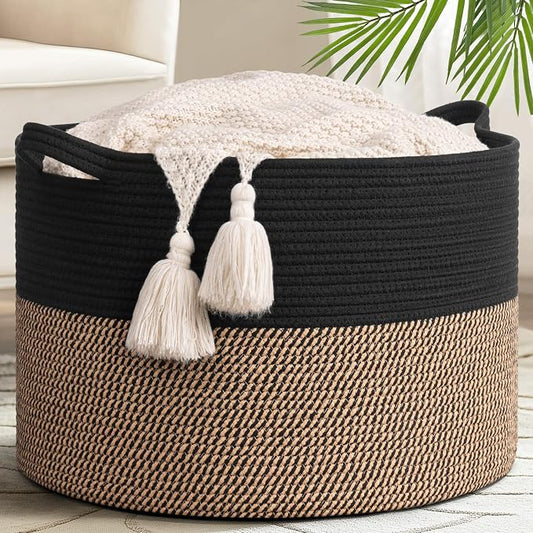 Goodpick 65L Large Cotton Rope Kids Toy Storage Basket for Playroom | 19.7 x 19.7 x 12.6 In Woven Basket for Storage, Kids Toy Storage for Playroom, Laundry Basket for Towels, Black & Mix Jute