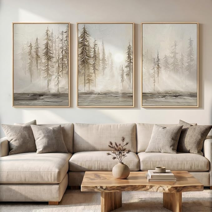 Large Framed Neutral Abstract Landscape Wall Art for Living Room, 24x36 In | Forest print, Pine tree picture, 3 piece, Modern, Canvas artwork, wall art bedroom, Dining room wall decor, Solid wood frame