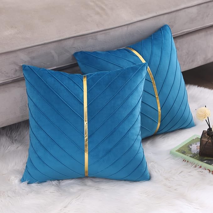 Velvet Throw Pillow Covers 26x26 Pack of 2 Gold Decor Lake Blue