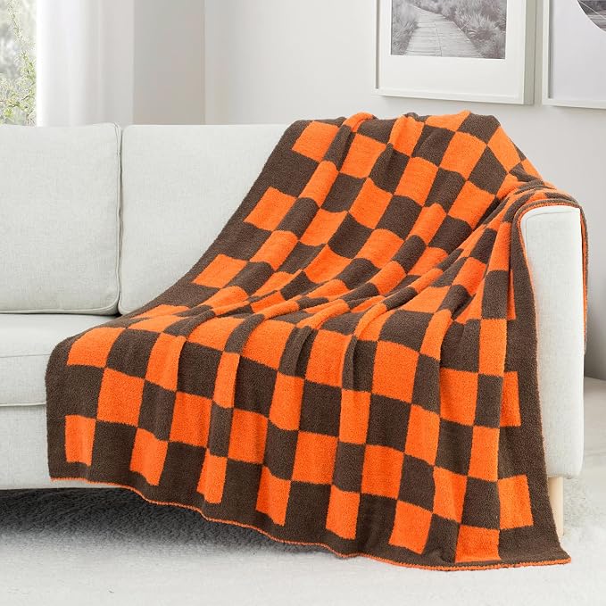 Carriediosa Checkered Throw Blanket 50x60, 400GSM Ultra Soft Microfiber | Orange, Fuzzy Fluffy Cozy Plush Knit Knitted Plaid Checker, Lightweight Cute Preppy Fall Blankets & Throws for Couch, Bed
