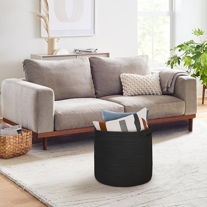 MEGASKET Large Black Storage Basket, 16" x 14" Cotton Rope Baskets for Storage, Blanket Storage Living Room, Big Woven Laundry Basket, Dog Kids Toy Box Organizer, Round Floor Shoe Towel Bin