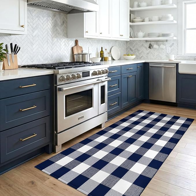 KOZYFLY Buffalo Plaid Area Rugs 3x5 Blue and White Washable Front Door Mat | Woven Cotton Outdoor Rug, Checkered Doormat for Front Porch Patio Farmhouse, Indoor Kitchen Entryway Rug