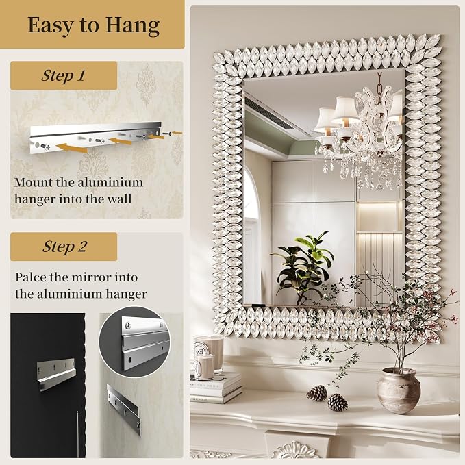 Kelly Miller 30"x40" Jeweled Luxury Rectangle Decorative Wall Mirror | Elegant diamond beveled vanity mirror. Perfect large wall mirror for living room, bathroom, entryway.