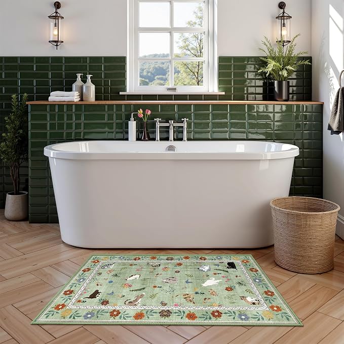 AIMPEAK Green 2x3 Washable Door Mat - Non Slip Low Pile Cat Floral Boho Small Area Rug for Entryway, Kitchen, Front Door, Indoor Entrance, Kids Room Throw Rug Carpet, Green Multi