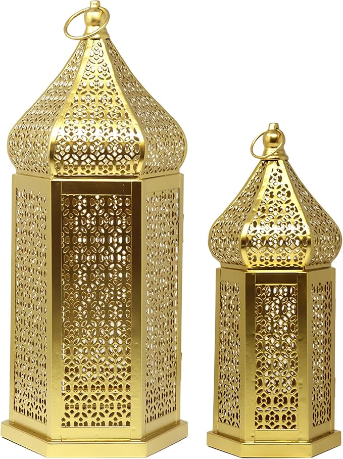 Vela Lanterns Decorative Indoor Gold Moroccan Temple Lanterns, Set of 2