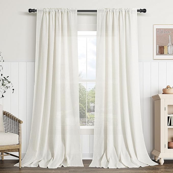 Extra Wide Linen Curtains 90 Inch Long for Living Room Natural Cream Semi Sheer Curtain 2 Panels Rod Pocket Light Filtering Window Drapes for Bedroom Dining Room Sliding Door Beige Ivory 60x90