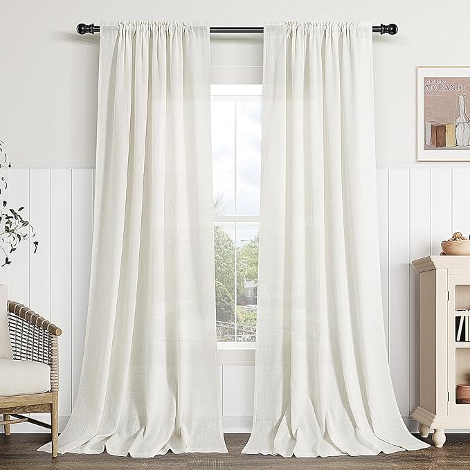 Extra Wide Linen Curtains 90 Inch Long for Living Room Natural Cream Semi Sheer Curtain 2 Panels Rod Pocket Light Filtering Window Drapes for Bedroom Dining Room Sliding Door Beige Ivory 70x90