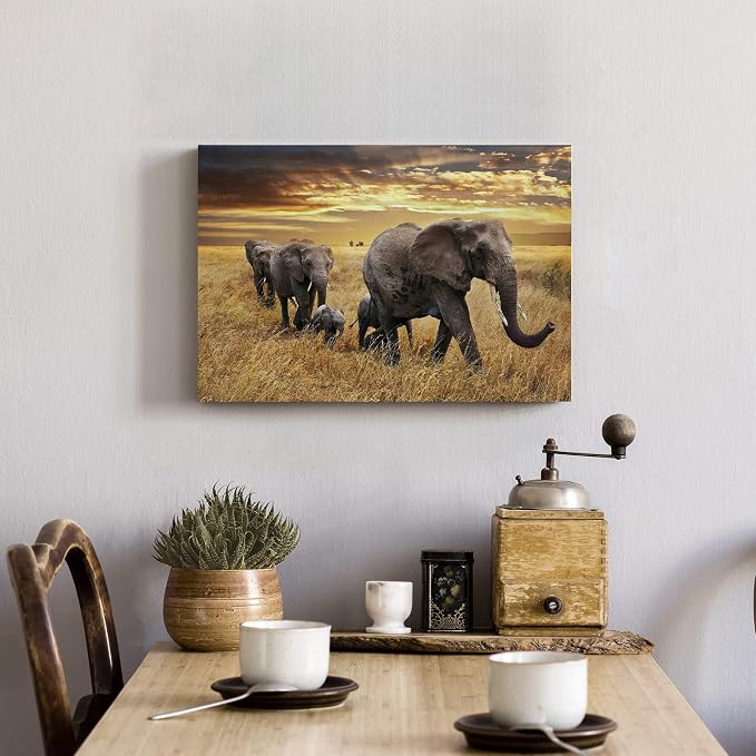 Elephant Family Picture Wall Decor - Yellow Wildlife Migration Painting - Autumn Sunset Artwork - Perfect for Bedroom & Bathroom, 16x12 inches