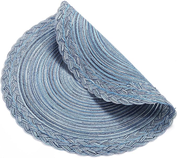 SHACOS Round Placemats Set of 6 Woven Kitchen Table Mats 15 inch Circle Braided Border Washable Cotton Polyester Place Mats, Multicolor Blue Grey