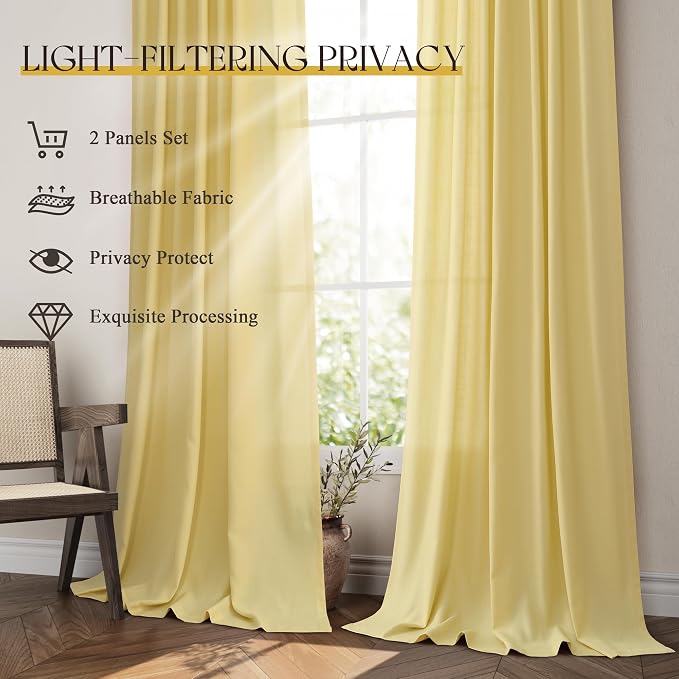 Jowels Yellow Linen Curtains 96 Inch Long 2 Panels for Living Room | Light Filtering Semi Sheer Curtain, Back Tab Pocket Pleated Look, Boho Farmhouse Textured Privacy Drapes for Bedroom Window
