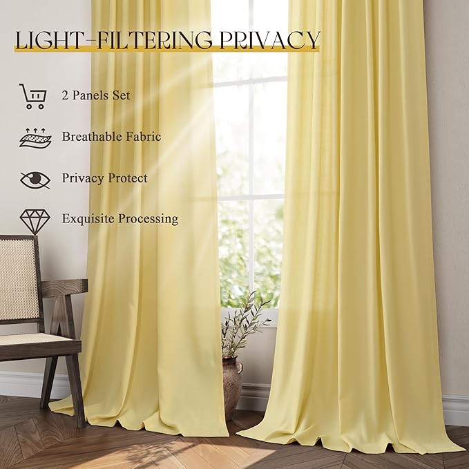 Jowels Yellow Linen Curtains 90 Inch Long 2 Panels for Living Room | Light Filtering Semi Sheer Curtain, Back Tab Pocket Pleated Look, Boho Farmhouse Textured Privacy Drapes for Bedroom Window