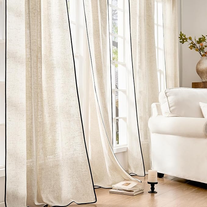 jinchan Beige Linen Curtains with Black Trim Back Tab 50 x 84 Inch 2 Panels | Semi sheer light filtering, modern farmhouse curtains for living room and bedroom, back tab rod pocket, machine washable