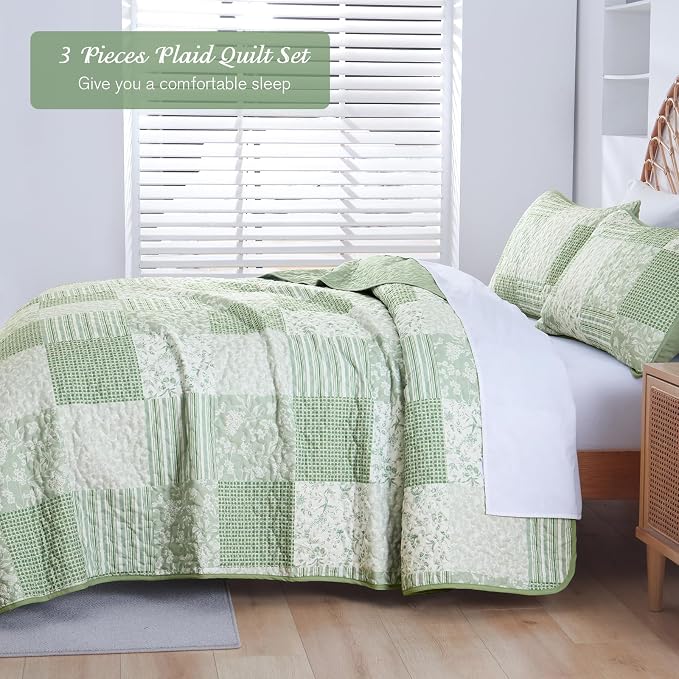 Mybedsoul Light Green Quilts Queen Size, Patchwork Floral Bedding Set | Soft Lightweight Microfiber Coverlet Set, 3 Pieces Plaid Boho Reversible Bedspread, Bed Sets for All Seasons 96"x90"