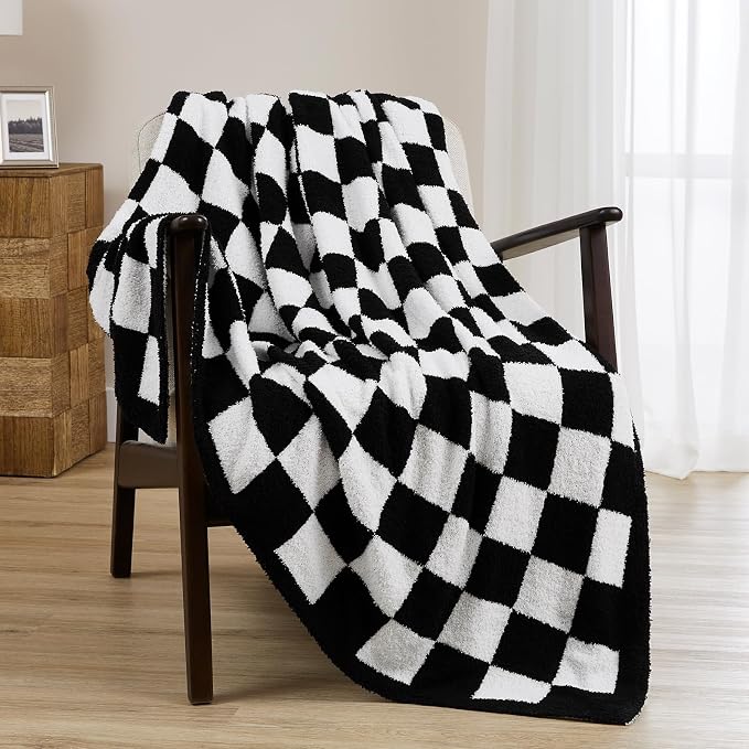Checkered Throw Blanket for Couch, Soft Cozy Warm Knitted Blankets | Lightweight Fuzzy Travel Warm Decor for Women, Mom, Girls, Sofa, Chair, 50x70in, Black