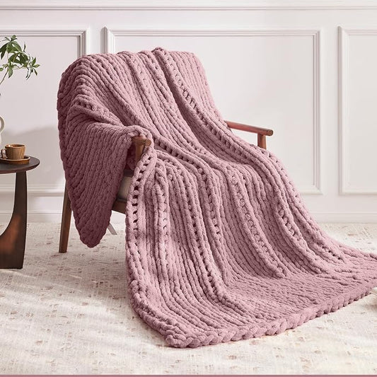 Negwoo Chunky Knit Throw Blanket, Knitted Throw Chenille Yarn, 40"*50" | Soft Thick Cable Knitted Blankets, Handmade Big Thick Blanket, Machine Washable Cute Comfy Blanket for Home Decor, Muted pink