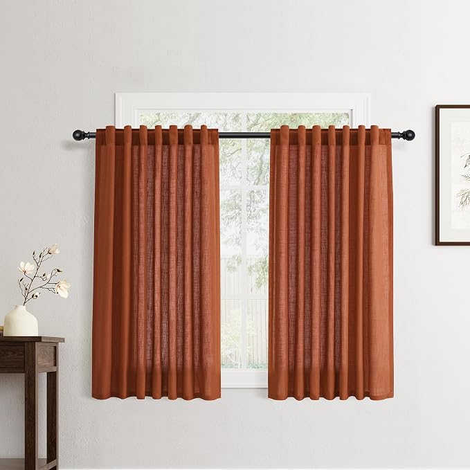 Jowels Terracotta Linen Curtains 45 Inch Long 2 Panels for Living Room | Burnt Orange Light Filtering Semi Sheer Curtain,Back Tab Pocket Pleated Look,Boho Textured Privacy Drapes for Bedroom Window