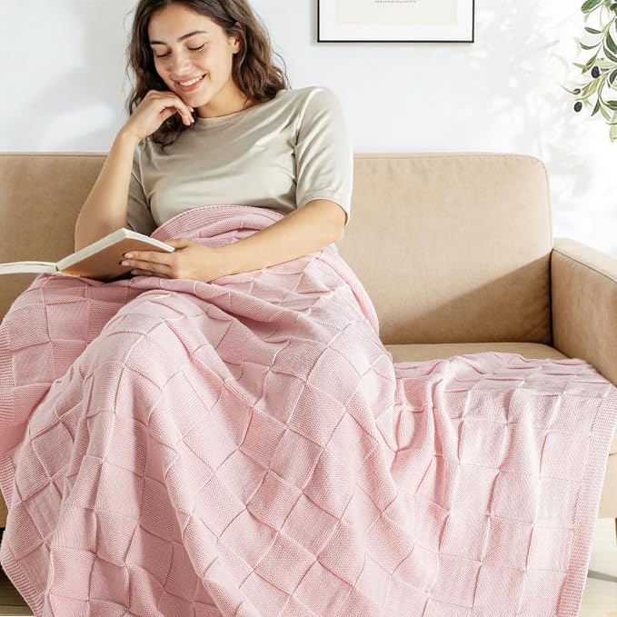 Whale Flotilla Checkered Knit Throw Blanket for Couch, Pink | Soft Decorative Knitted Blankets for Couch Sofa Bed, Lightweight Cozy Throws for Spring Summer, 50x60 Inch