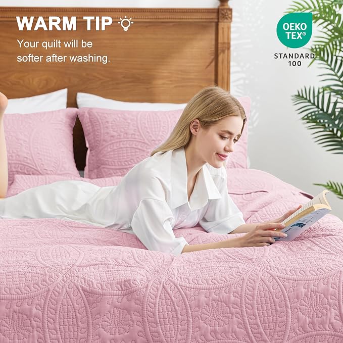 Love's cabin King Size Quilt Set Pink Bedspreads - Soft Bed Summer Lightweight Bedspread Comforter - Modern Style Coin Pattern Coverlet for All Season - 3 Pieces (1 Quilt, 2 Pillow Shams)