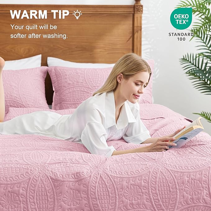Love's cabin Quilts for Queen Bed Pink Bedspreads - Soft Bed Summer Lightweight Bedspread Comforter - Modern Style Coin Coverlet for All Season - 3 Pieces (1 Quilt, 2 Pillow Shams)