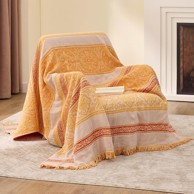 100% Cotton Boho Throw Blanket for Home Decor – Classic Farmhouse Quilt Bedding, Muslin Blankets for Adults, Vintage Woven Decorative Blanket for Couch, Bed Layering Use, Bohemian Stripe, 90"x90"