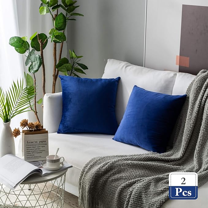 Stellhome Soft Velvet Throw Pillow Covers Square Decorative Cushion Covers for Bed Couch Sofa Bench, 18 x 18 inch (45 x 45 cm), Royal Blue, Pack of 2