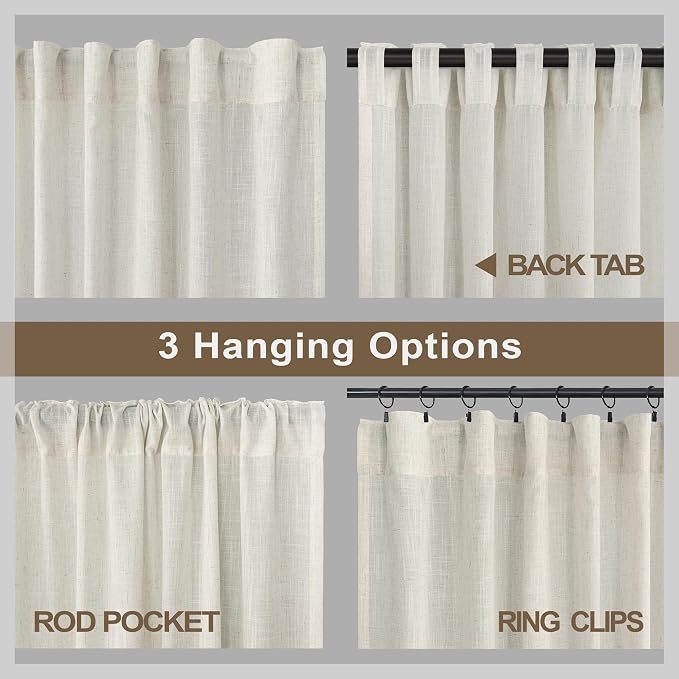 Pitalk 60 Inch Wide Curtains for Kids Bedroom Boys Girls 90 Inches Long 2 Panels Back Tab Pocket Natural Linen Sheer Extra Wide Large Cream Ivory Curtains for Nursery Room Playroom Closet Doors 60x90