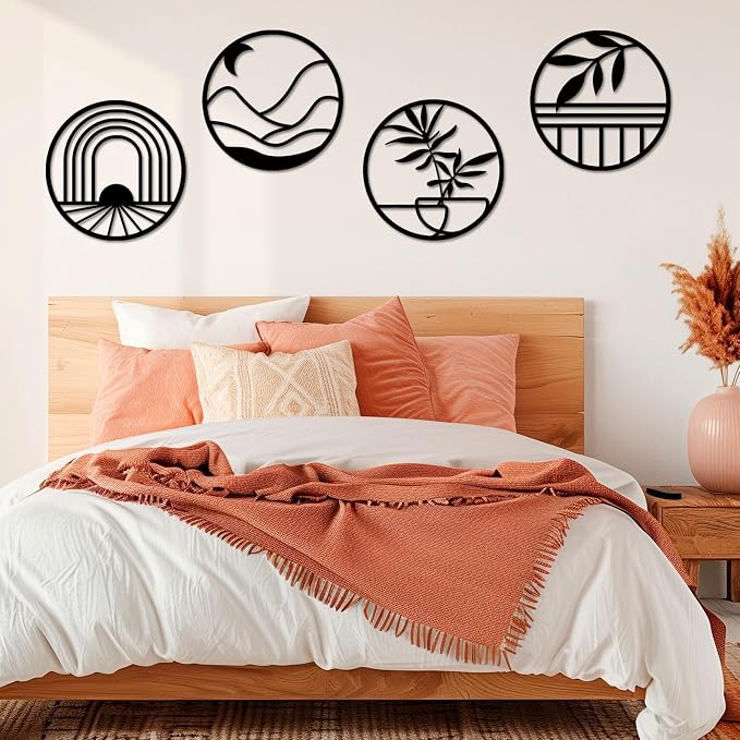 FANTAART 4 Piece Boho Metal Wall Art Black Minimalist Decor | Bohemian Neutral Round Circle Wall Decor Set, Home Decorations for Living Room, Bedroom, Office, Bathroom and Farmhouse