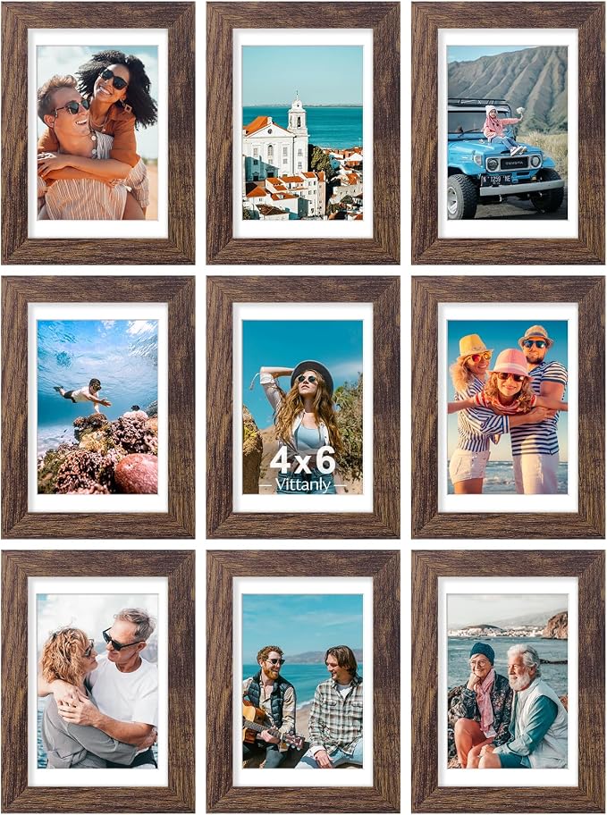 Vittanly 4x6 Picture Frames Set of 9 for Wall or Tabletop Display, Brown | Display Pictures 3.5x5 with Mat or 4x6 without Mat, Small Photo Frames, Engineered Wood with Shatter Resistant Plexiglass