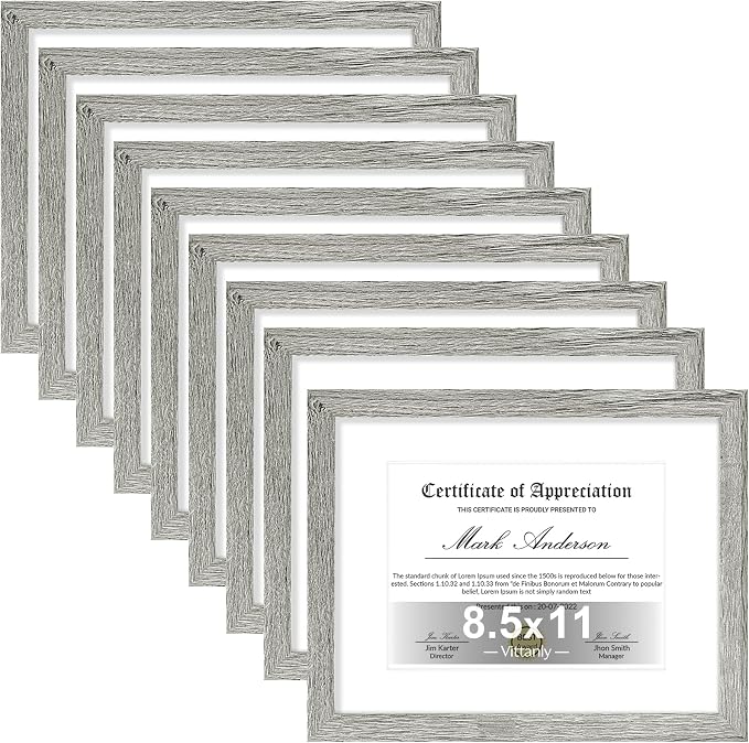 Vittanly 8.5x11 Picture Frames Set of 9 for Wall Mount & Tabletop, Grey | Certificate Frame Display Pictures 6x8 with Mat or 8.5x11 without Mat, Diploma Document Degree Frames, Engineered Wood