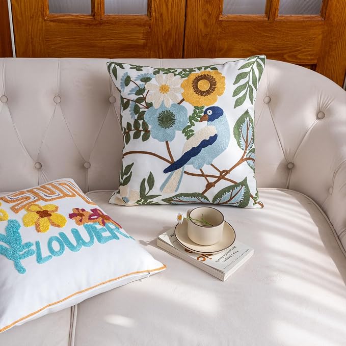YIcabinet Pack of 2 Throw Pillow Covers,Flower and Bird Pattern Embroidered Pillow Case Soft Decorative Pillowcases for Home Sofa Couch 18x18 Inch