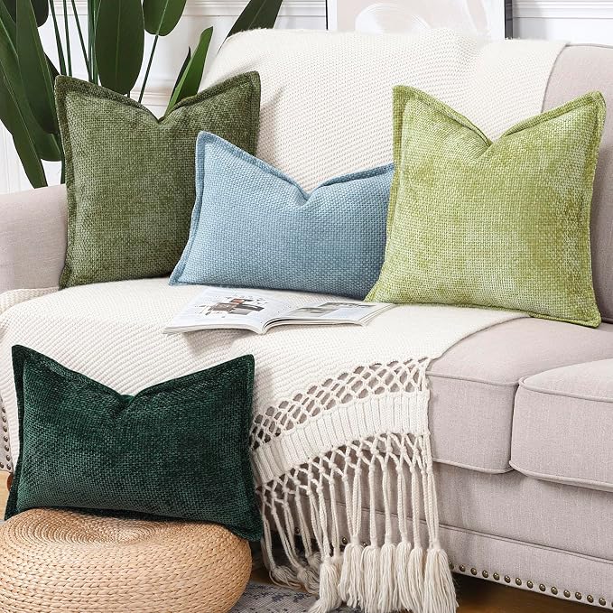 MADIZZ Decorative Chenille Velvet Throw Pillow Covers Set of 2 Soft Boho Textured Neutral Couch Throw Pillow for Bed Modern Farmhouse Home Decor for Sofa Livingroom Moss Green 24x24 Inch Euro Sham