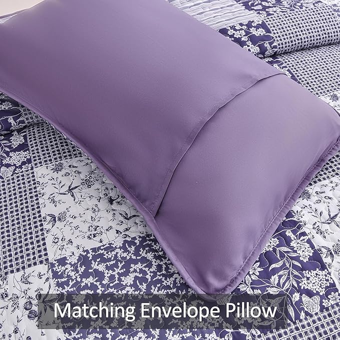 Mybedsoul Purple Quilt Set Full Size, Patchwork Floral Bedding Set | Soft Lightweight Microfiber Reversible Coverlet Set, 3 Pieces Plaid Bedspread, Bed Sets for All Seasons 78"x90"