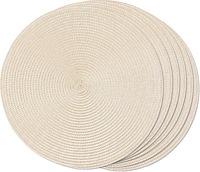 FunWheat Round Braided Placemats Set of 6 Table Mats for Dining Tables Woven Washable Non-Slip Place mats 15 inch(Beige, 6pcs)