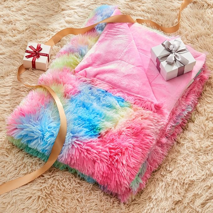 GONAAP Fuzzy Faux Fur Throw Blanket for Couch, Dark Rainbow, 50"x60" | Warm Cozy Plush Shaggy Decorative Reversible Thick Non-Heated Fleece Blanket for Sofa Bed, Gift for Women Men, All Season Use