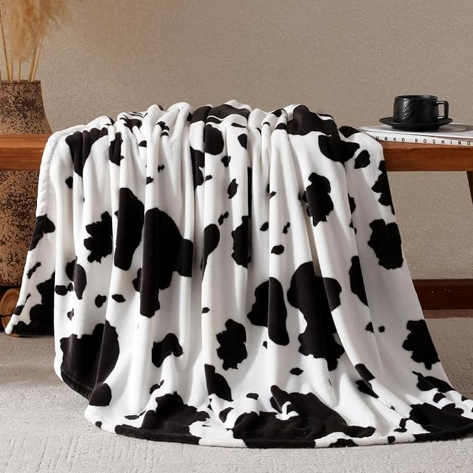 Cozy Bliss Cow Print Throw Blanket for Bed - Fuzzy Thick Soft Warm Fleece Blankets for Couch & Bed, for Women Men Girls Kids, Black & White Twin Size 60"*80"