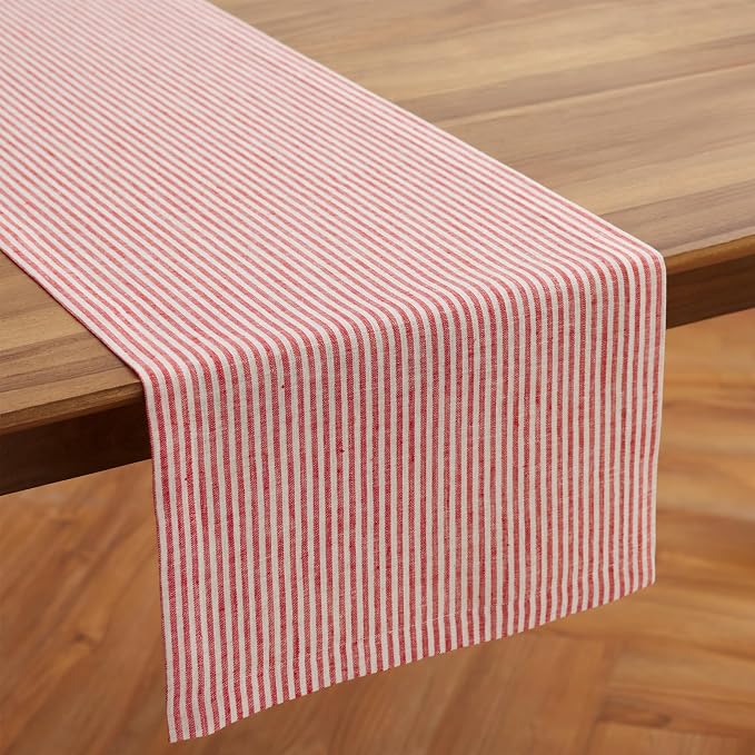Solino Home 100% Pure Linen Table Runner, 14 x 48 in, Red and White Striped | Narrow Stripe, a graceful centrepiece for dining and gatherings, woven stripe, European flax fibres, soft, OEKO-TEX Certified