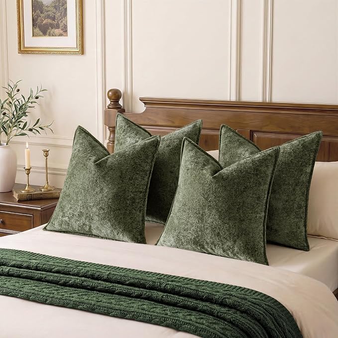a moment Throw Pillow Covers 26X26 Inch 4 Packs,Soft Velvet Decorative Pillow Cases with 3D Ice Flower,Texture Modern Accent Cushion Covers for Sofa Couch Home Decor Moss Green