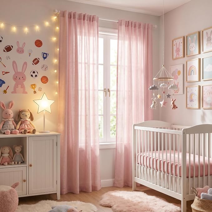 MYSKY HOME Pink Sheer Curtains for Girls Bedroom 84 Inches Long Girl Curtain Kids Nursery Window Drapes Living Room Semi Sheer Light Filtering Soft Home Decor Back Tab, 50" x 84", Light Pink, 2 Panels